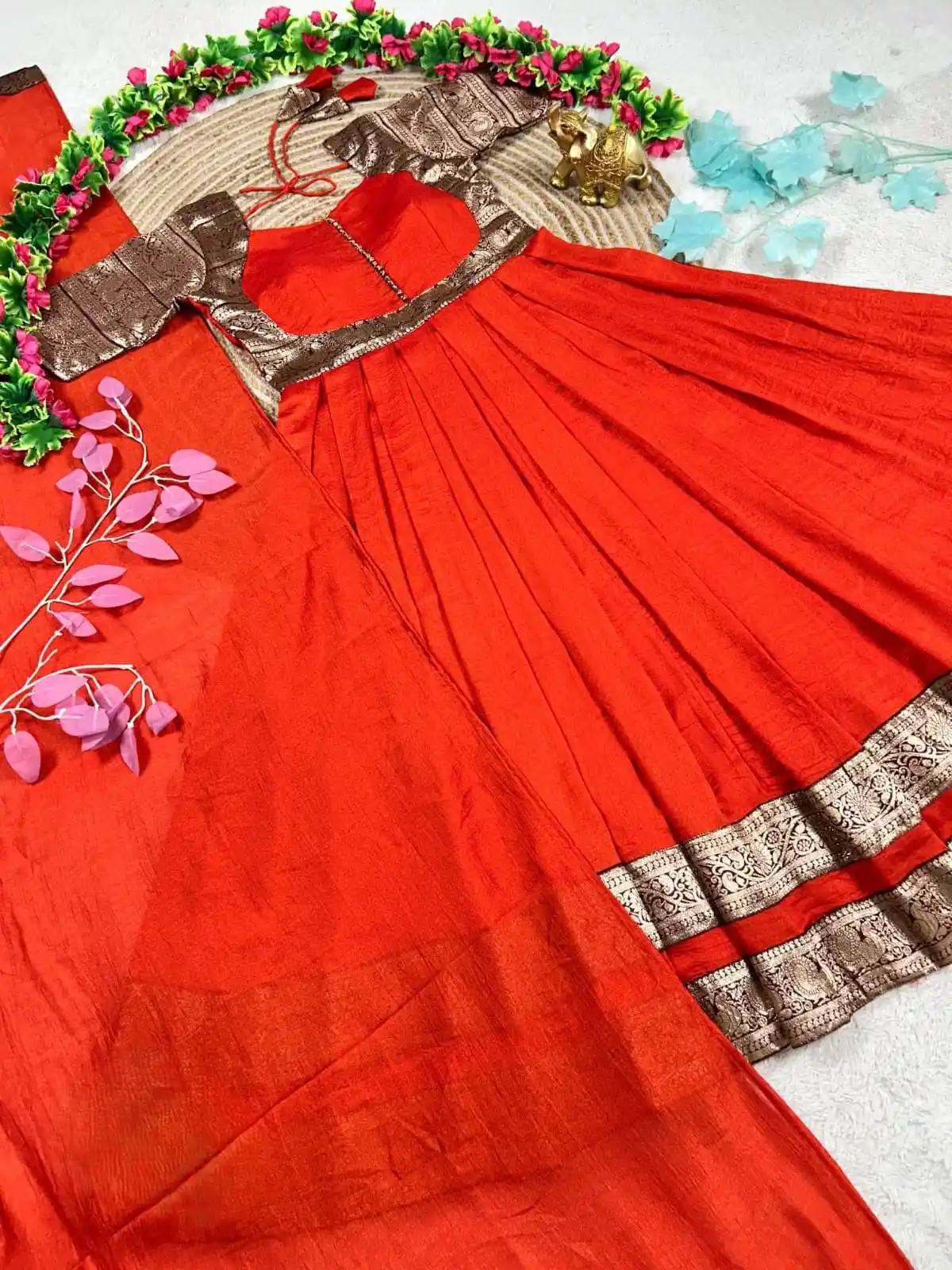 Fanta Orange Vichitra Silk Rich Antique-Gold Zari Gown